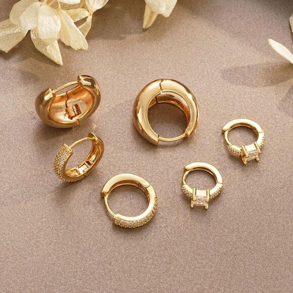 Gold Hoop Earrings Set 14K Gold Plated Pave CZ Earrings Set Three Piercing Set - Picture 1 of 4